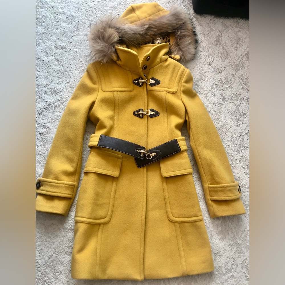 Yellow coat with a removable fur hood